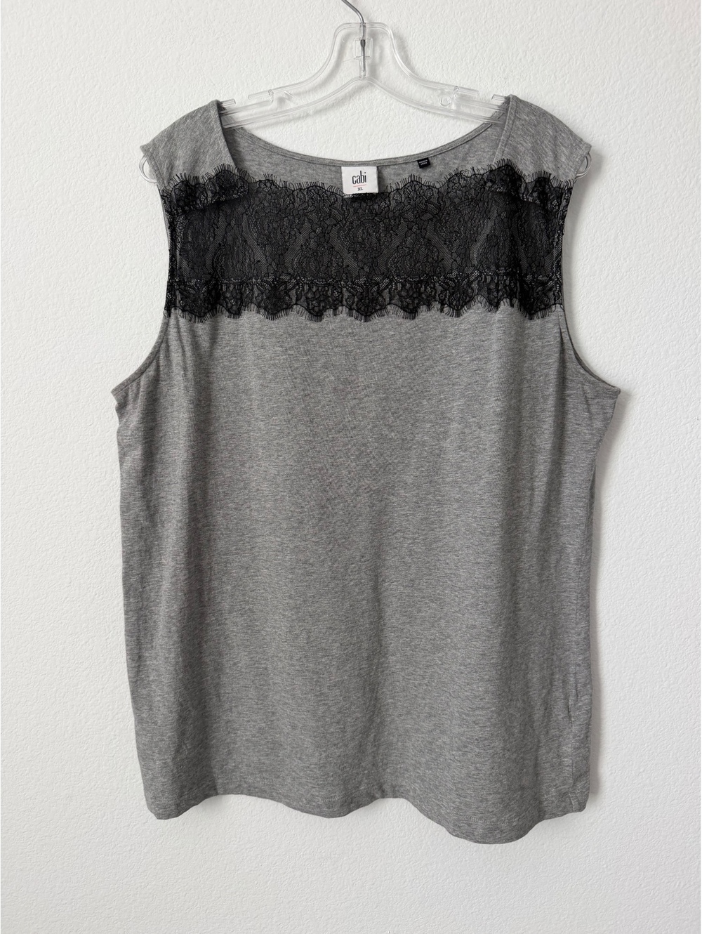 CAbi Round Neck Black Contrast Lace Trim Overlay Gray Tank Top Women's Size XL